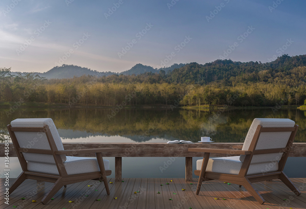 Fototapeta premium Lake house terrace and beautiful nature view 3d rendering image,A place surrounded by nature ,There are wood floor and furniture
