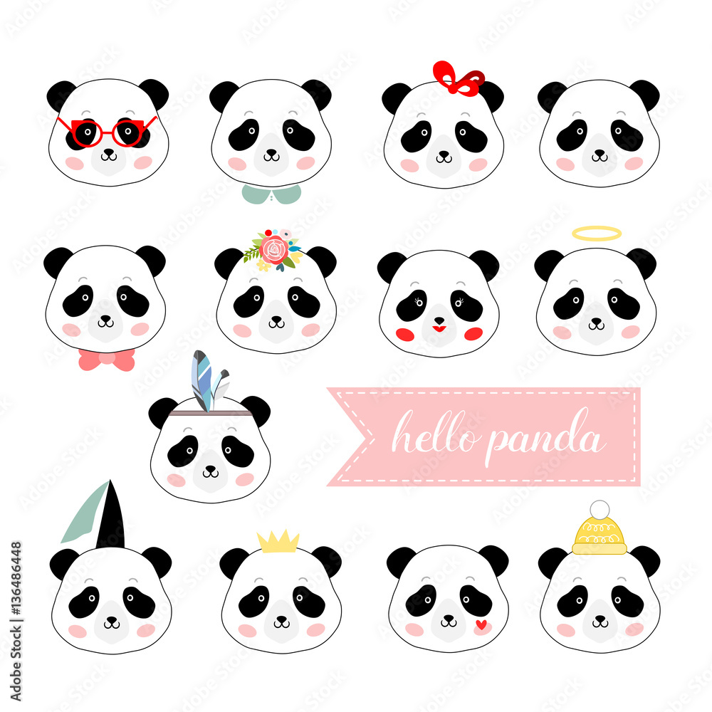 Set of panda girl faces, isolated vector illustration