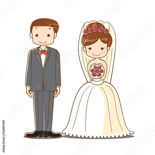 wedding couple cartoon, cute bride and groom newlyweds character, vector illustration