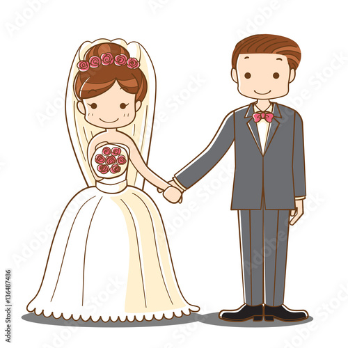wedding couple cartoon, cute bride and groom newlyweds holding hand character, vector illustration