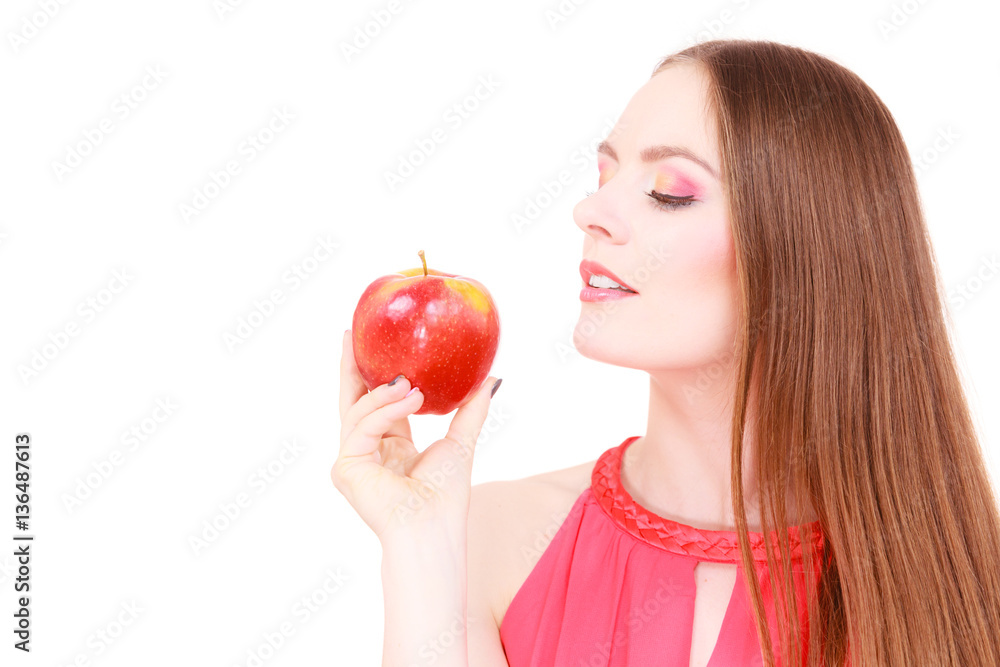 Woman charming girl colorful makeup holds apple fruit Woman charming girl colorful makeup holds apple fruit