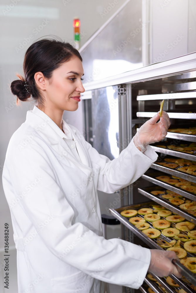 Smiling young woman food expert working on food dryer dehydrator machine 