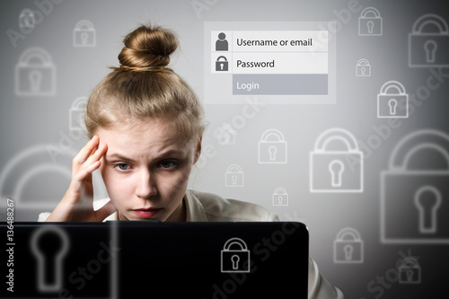Slika na platnu Young slim woman with laptop. Forgot password concept.