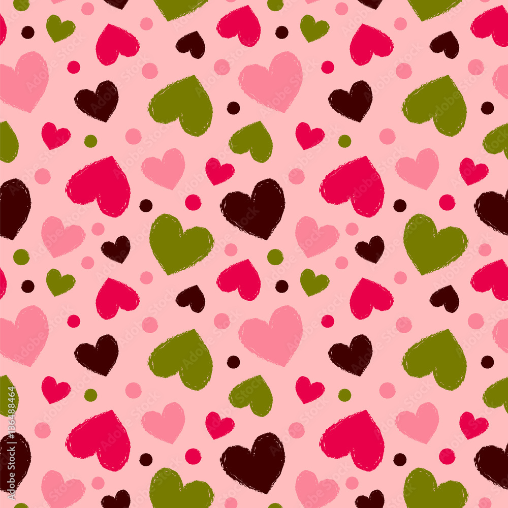 Vector seamless pattern with colorful hearts and dots.