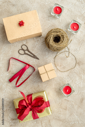 wrapping gifts in box for holiday top view mock up