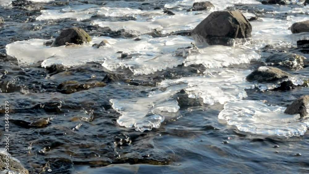 Spring melting of snow and ice. River rapids with rocks and icy patches