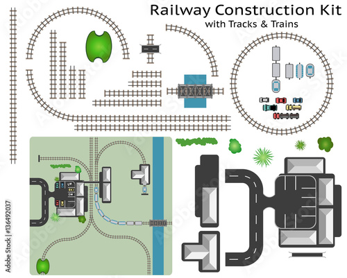 Railway and Station Building Construction Kit with Train - Build your own railway, grouped and layered, see my portfolio for other kits
