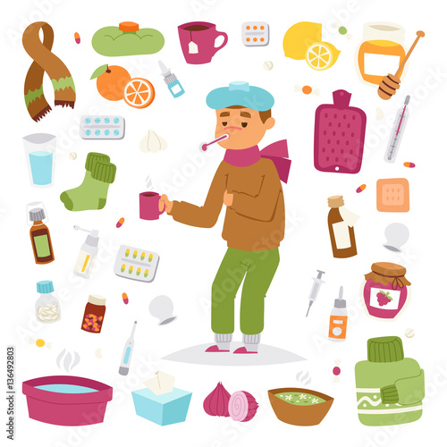 Illness flu man feeling cold and blowing his nose vector illustration.