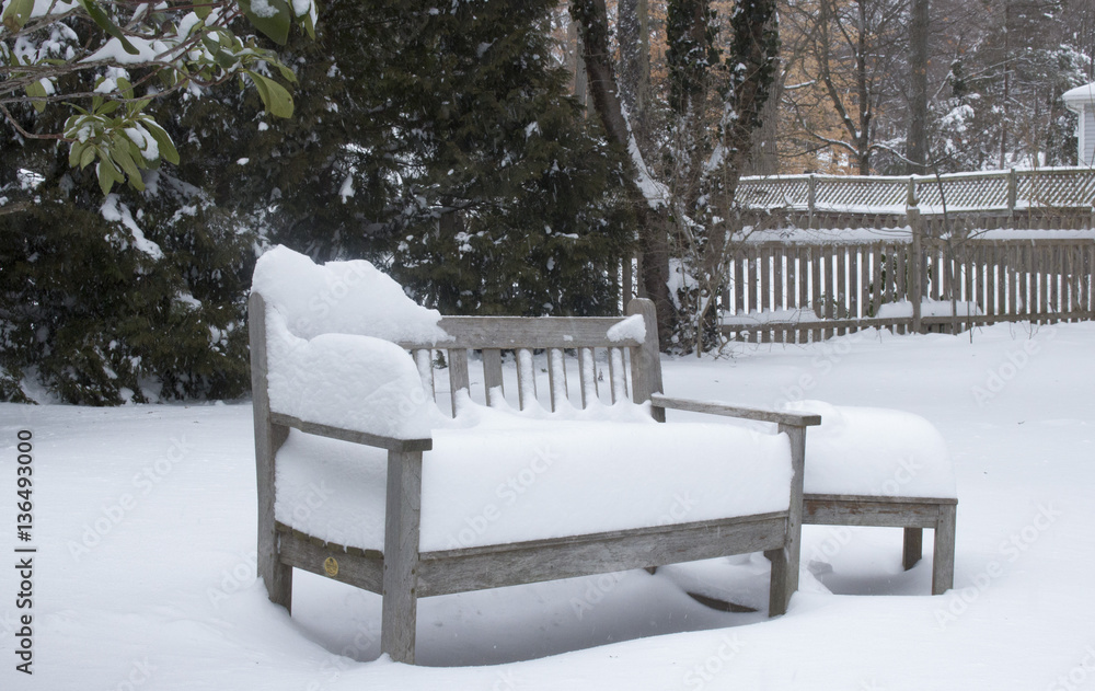 garden and back yard bench in the snow garden and back yard bench in the snow