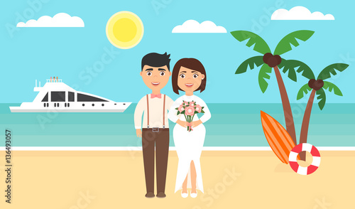 Summer background, sunset beach. The sea, yachts, palm trees and newly married couple. Wedding ceremony by the ocean.Modern flat design. Vector illustration.