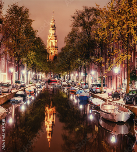 Photography Beautiful night in Amsterdam.  illumination of buildings an