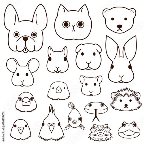 pet animals faces line art set