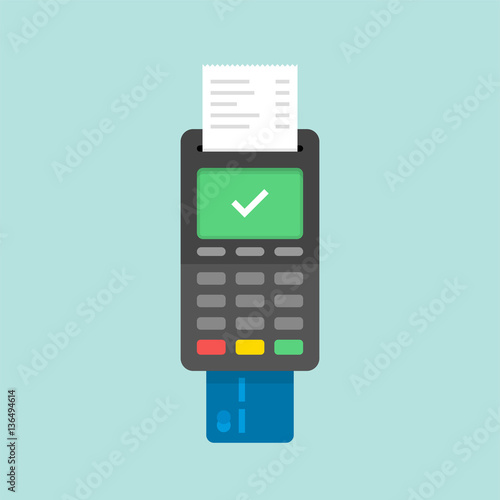 Payment by credit card using POS terminal, approved payment. Flat illustration.