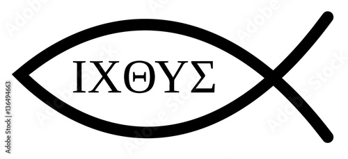 Religious sign. Christianity. Fish, with Greek initials of phrase Jesus Christ, son of God, Savior. Vector Format.