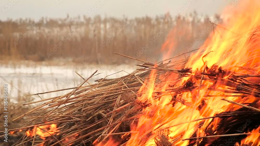 Stack of dry grass on fire
