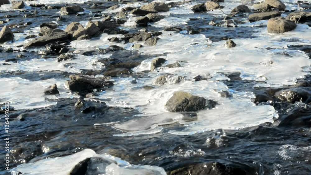 Spring melting of snow and ice. River rapids with rocks and icy patches