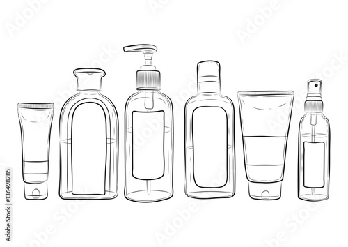 vector illustration of hand drawn bottles for cosmetics