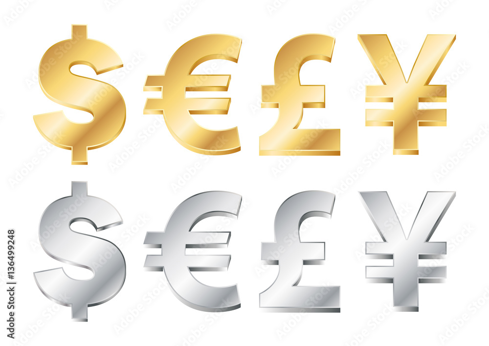 vector illustration of four currency signs in gold and silver vector illustration of four currency signs in gold and silver