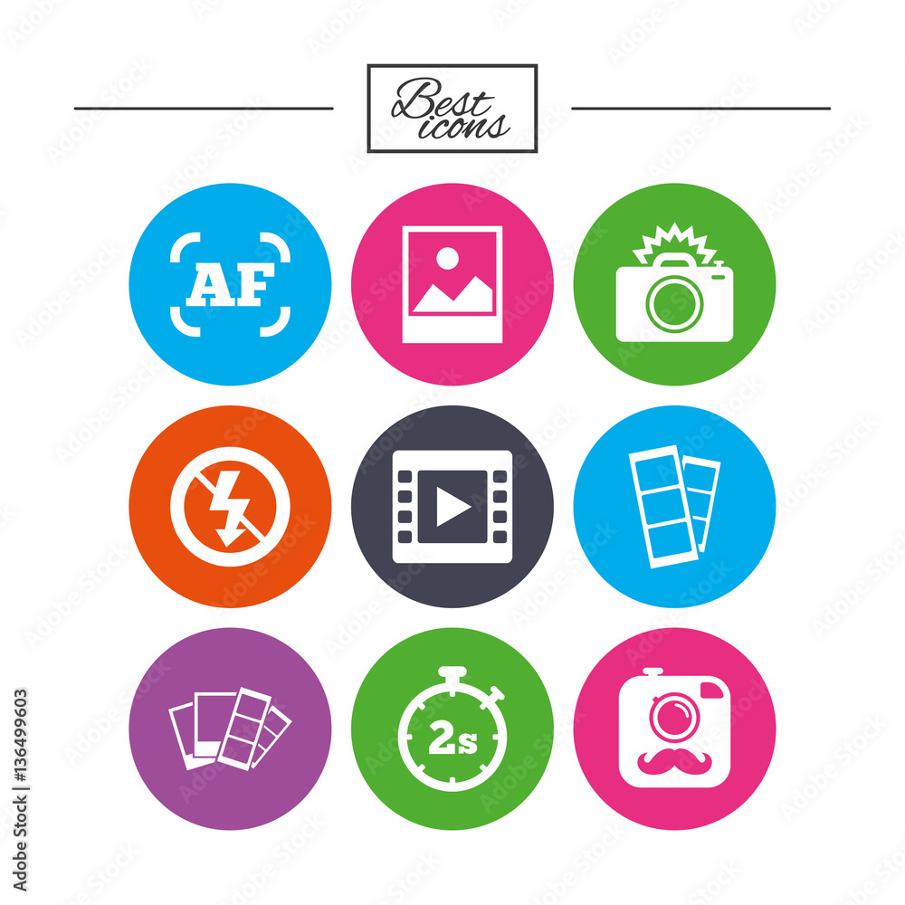 Photo, video icons. Camera, photos and frame. Photo, video icons. Camera, photos and frame.
