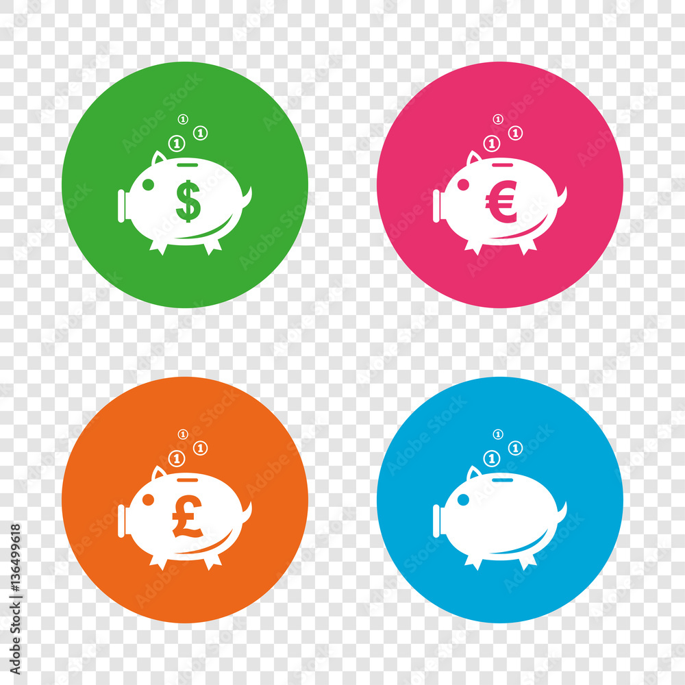 Piggy bank icons. Dollar, Euro, Pound moneybox. Piggy bank icons. Dollar, Euro, Pound moneybox.