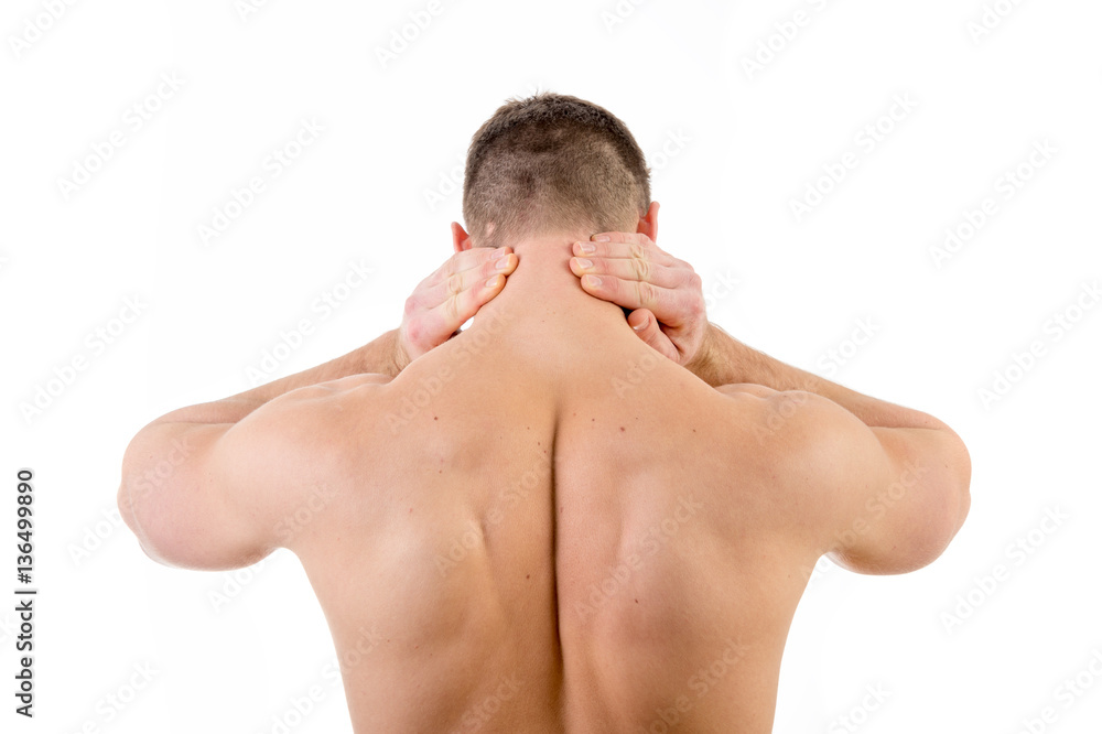 Man with neck pain over white background Man with neck pain over white background