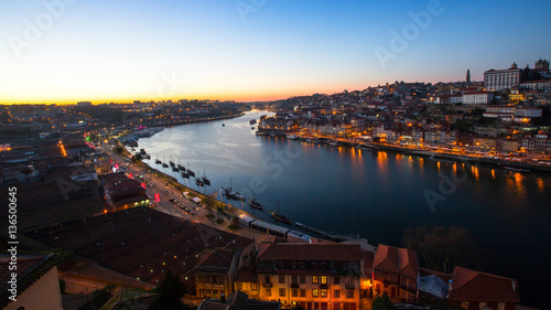 View over the Douro river by night, Porto, Portugal.