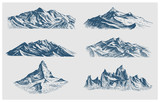 big set of mountains peaks, vintage, old looking hand drawn, sketch or engraved style, different versions for hiking, climbing.