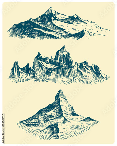 big set of mountains peaks, vintage, old looking hand drawn, sketch or engraved style, different versions for hiking, climbing.
