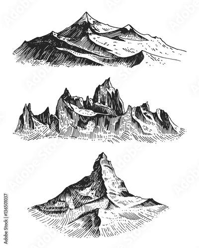 big set of mountains peaks, vintage, old looking hand drawn, sketch or engraved style, different versions for hiking, climbing.