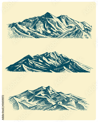 big set of mountains peaks, vintage, old looking hand drawn, sketch or engraved style, different versions for hiking, climbing.