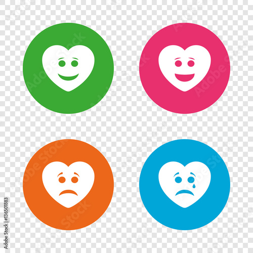 Heart smile face icons. Happy, sad, cry.