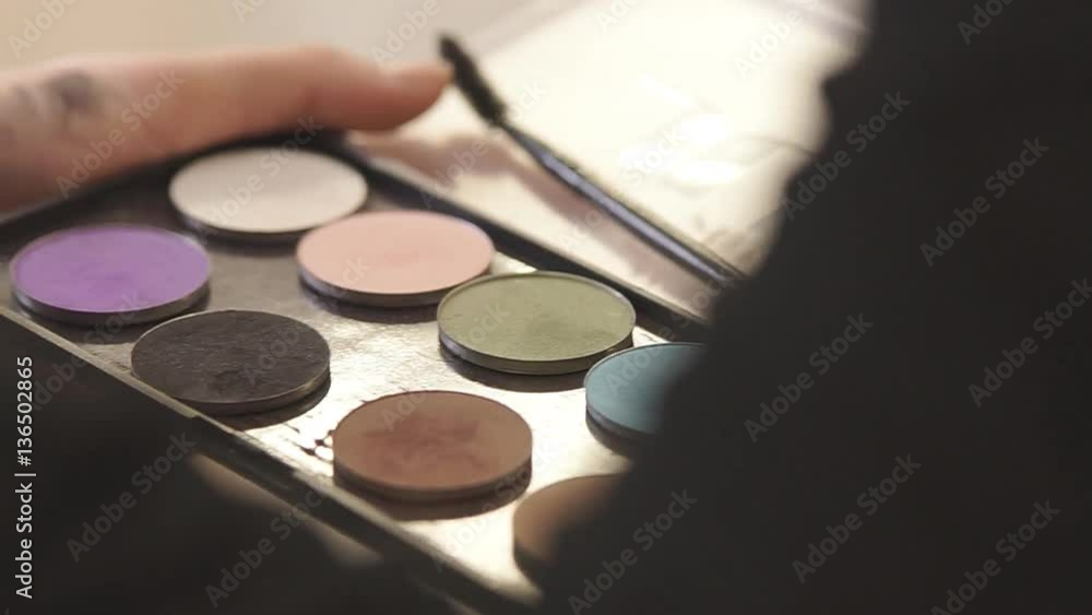 Professional Eyeshadow Palette Make-up artist is gaining eye shadow on the brush palette. Professional Eyeshadow Palette Make-up artist is gaining eye shadow on the brush palette.