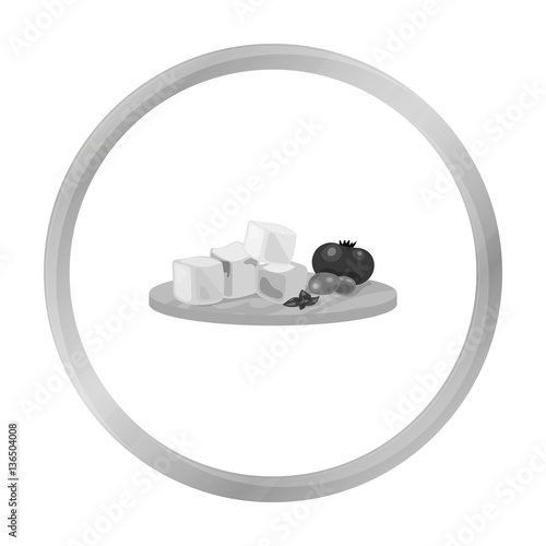 Diced cheese feta with tomatoes and olives on the cutting board icon in monochrome style isolated on white background. Greece symbol stock vector illustration.