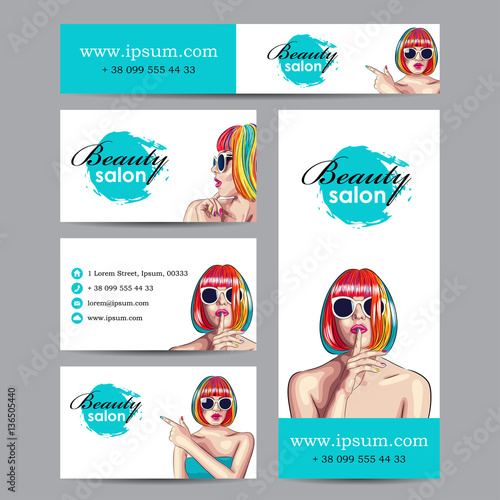 vector beauty salon cards with woman wearing colorful wig