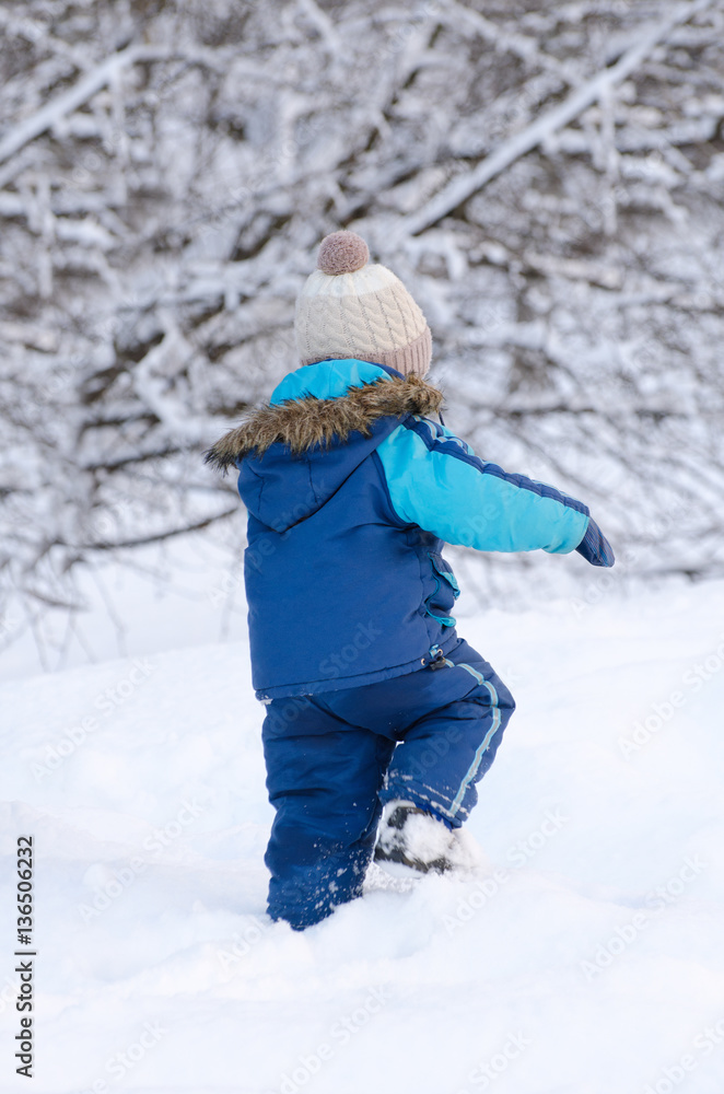 Little boy in winter clothing walking in snow, view from the back Little boy in winter clothing walking in snow, view from the back