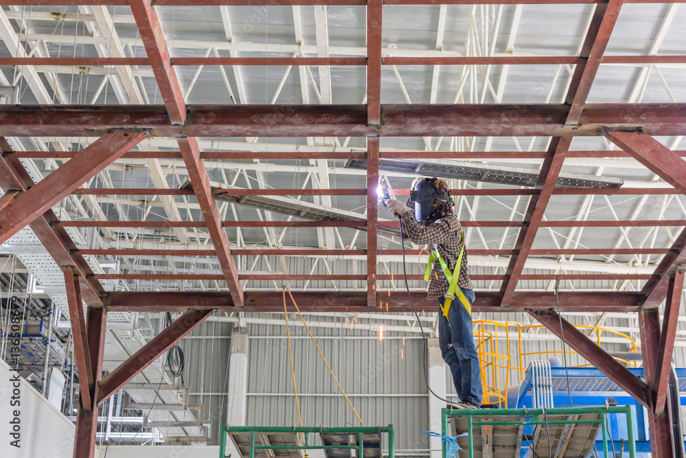 Fototapeta premium Technicians are welding steel structure. Construction site image for the background. Construction site, low safety working condition