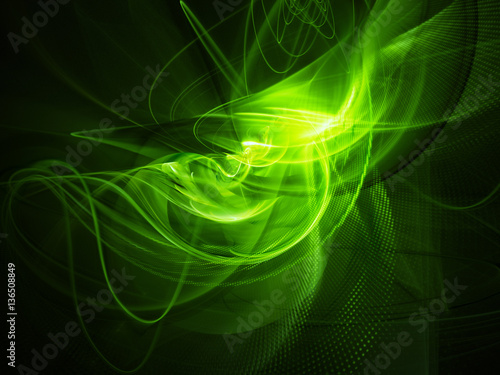 Abstract background element. Fractal graphics series. Three-dimensional composition of glowing lines and halftone effects. Bio energy concept.Green and black colors.