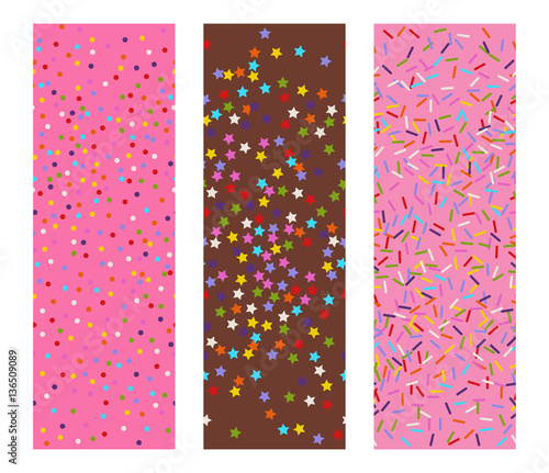 three horizontal seamless flat vectors patterns of sprinkles stars, dots and lines as bakery candy or festive confetti background