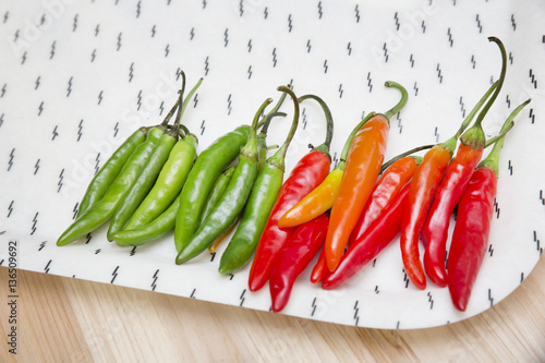 Fresh chili peppers on white tray