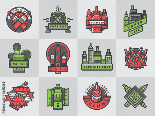 Outline vape emblem logo badge vector set.