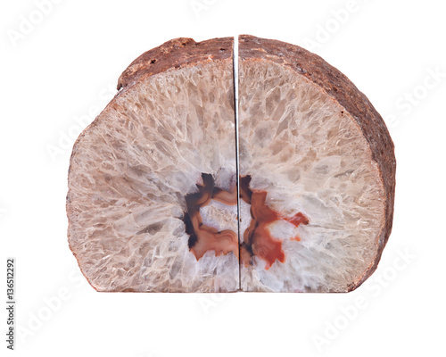 Light brown natural crystal agate geode bookend polished on isolated on white background