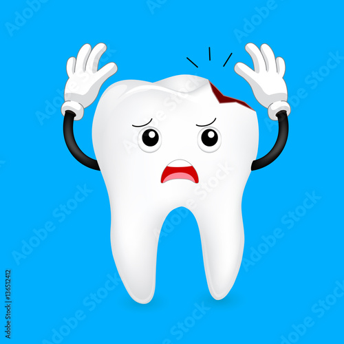 Broken tooth character. funny illustration. Great for dental care concept. Illustration isolated on blue background.