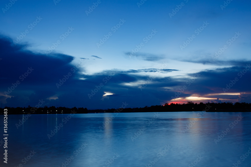 Beautiful blue sky in twilight time at river, long exposure shot
