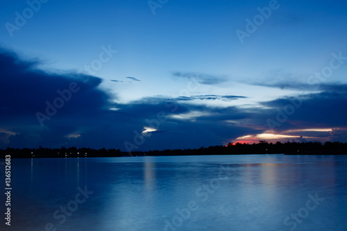Beautiful blue sky in twilight time at river, long exposure shot