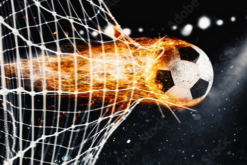 Obraz na plátně Soccer fireball scores a goal on the net