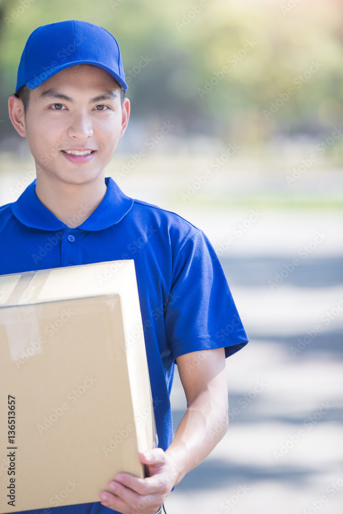 deliveryman stand and smile