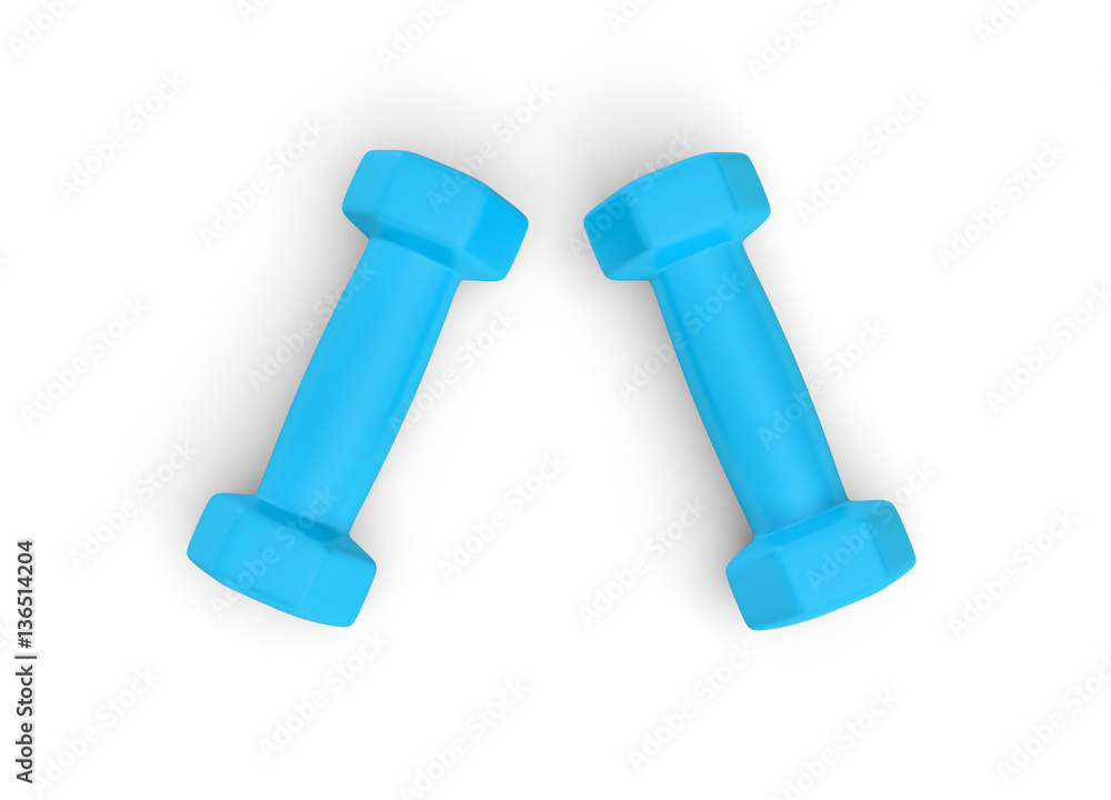 Rendering pair of blue light weight dumbbells isolated on white background. Rendering pair of blue light weight dumbbells isolated on white background.