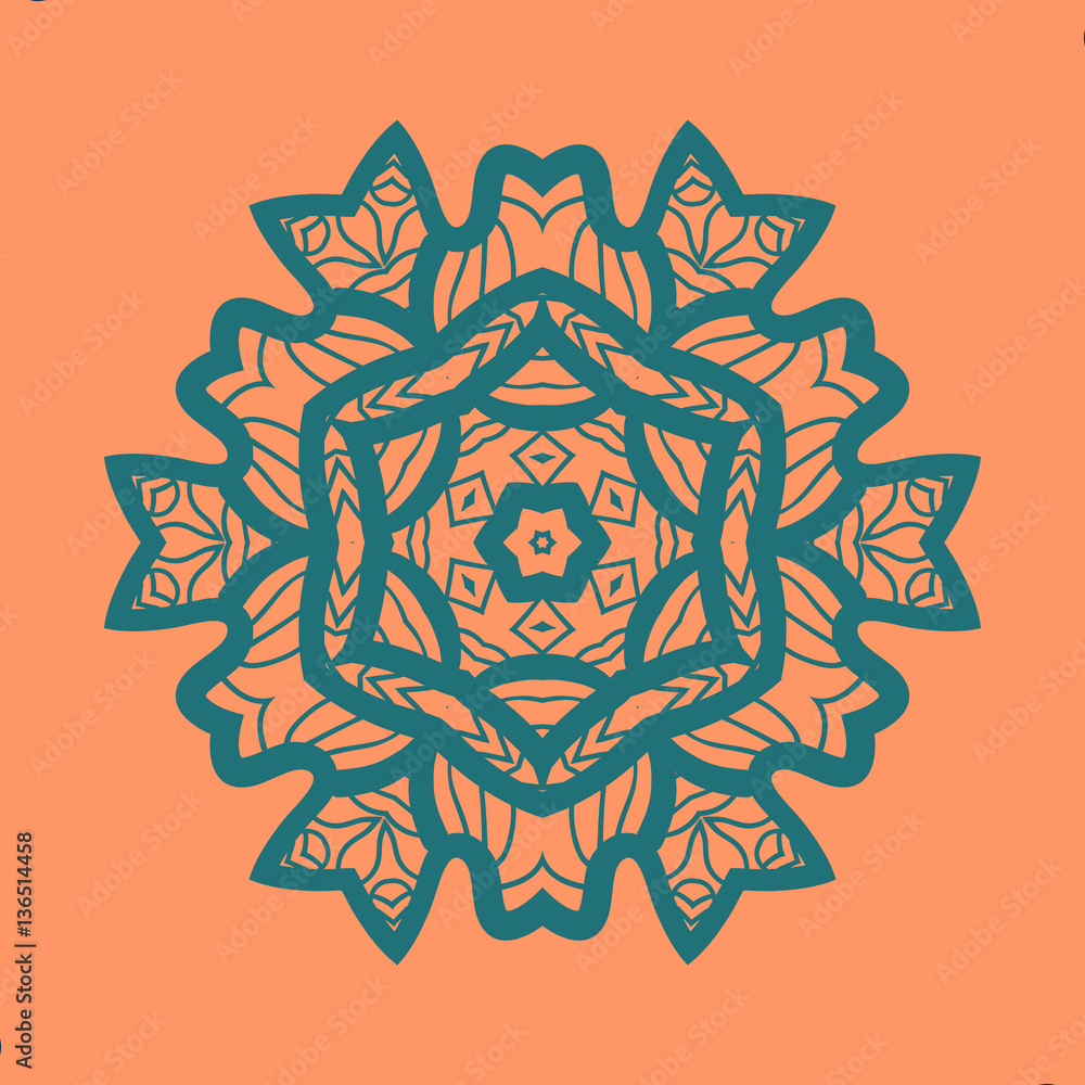 Outlined Print on Orange Color Background. Mandala Flower for Colouring Work Relaxation Adult Zentangle Background. Ornate t-shirt print.