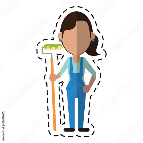 cartoon painter woman with overalls and roller vector illustration eps 10
