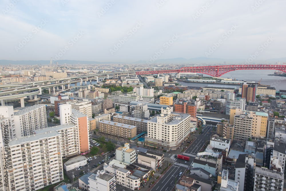 Aerial view of Osaka from Tempozan Ferris Wheel, Osaka, Japan